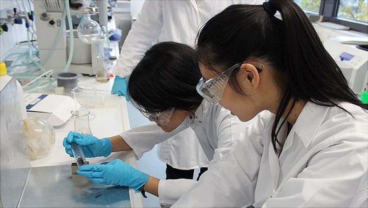 zwei Schülerinnen zntersuchen eine Substanz