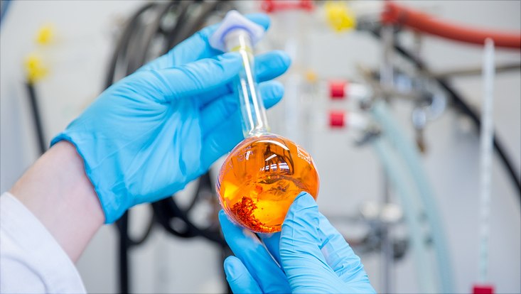 Messkolben mit einer gelben Flüssigkeit und Bodensatz wird ins Bild gehalten