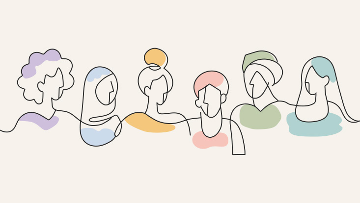 A drawn image of people with diverse backgrounds